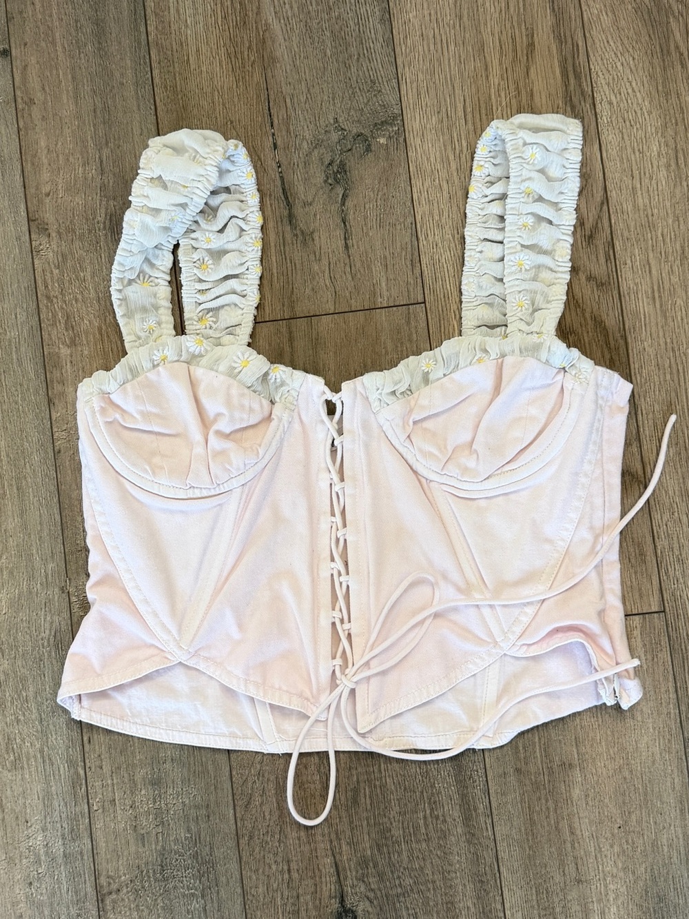Pink Lace-Up Corset Crop Top with Daisy Straps Size Small